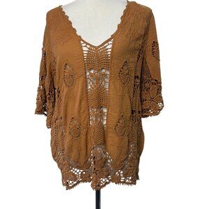 Boho Chic Crochet Lace Open Weave Burnt Orange Brown Large Top Cottage Lagenlook